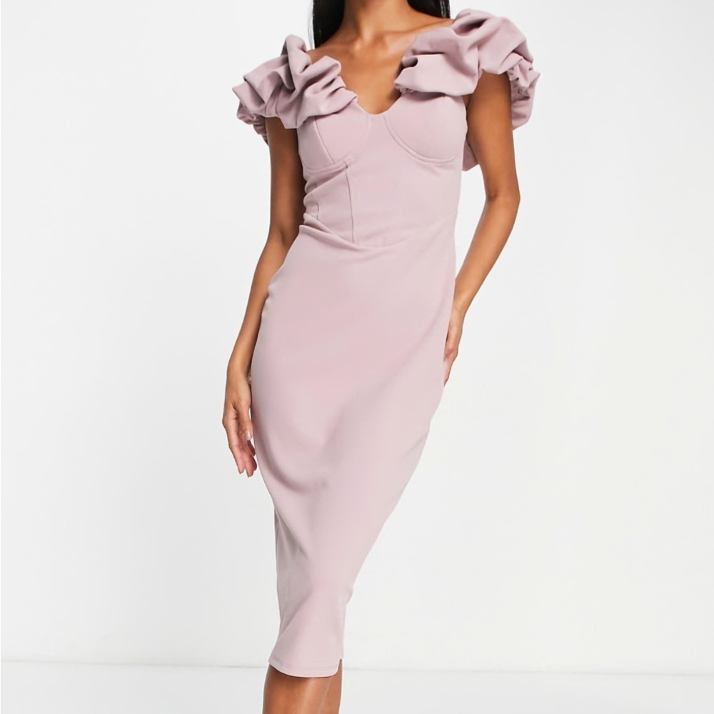 ASOS DESIGN Scrunch Bardot Midi Dress: Mauve